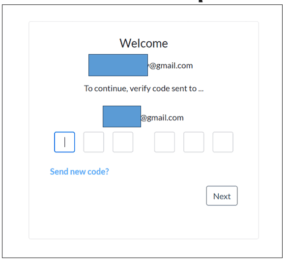 Capture d'écran montrant l'adresse e-mail saisie et le lien "Send new code".