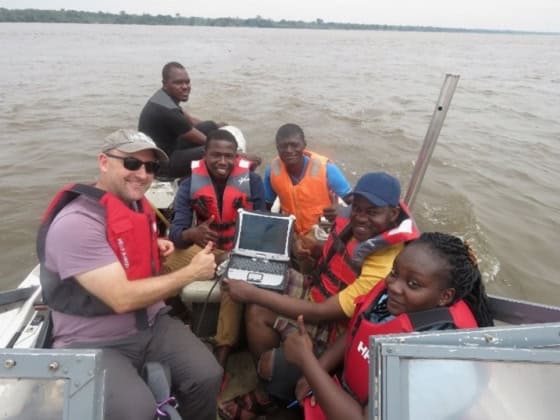 Measuring river flow in the Congo River during the Congo River users Hydraulics and Morphology project, together with supervisors, MSc and PhD students.